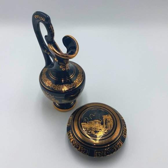 Fakiolas Greece Black 24K Gold Pitcher Round Lidded Box Ceramic